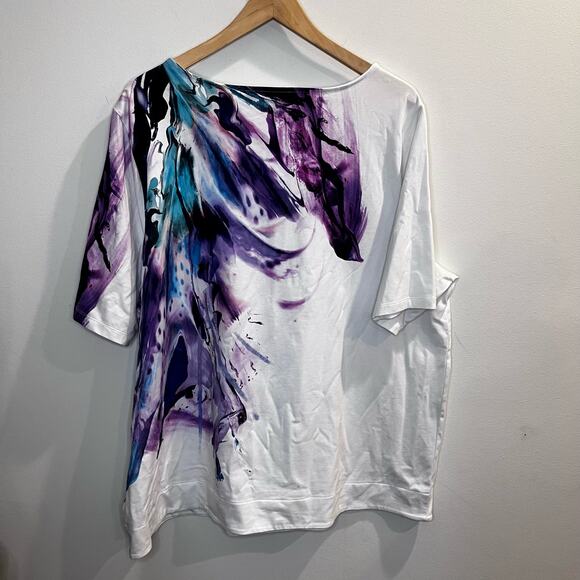 Chicos Cotton Stretch Abstract Knit Tee Size 4/ XXL Water Color Art Coastal - Picture 5 of 8